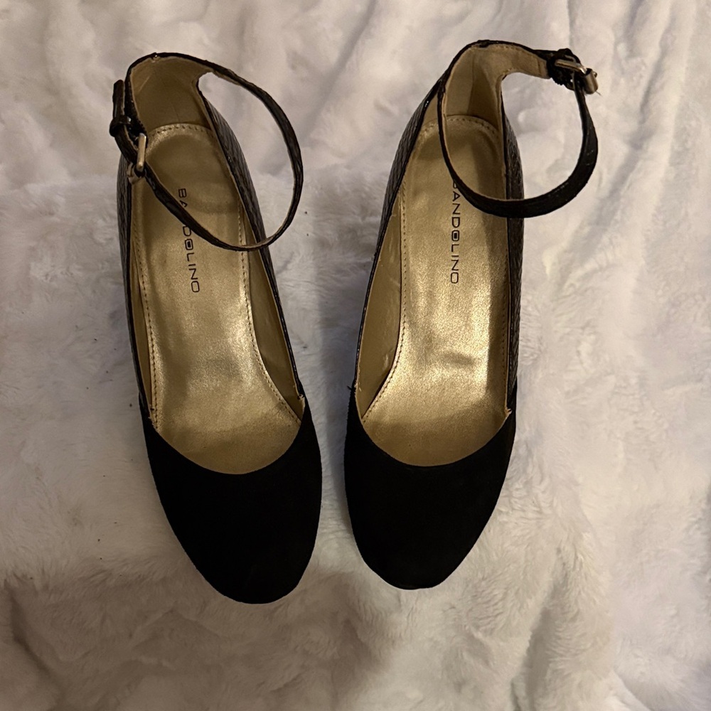 Bandolino Black Ankle Strap Wedge Heels